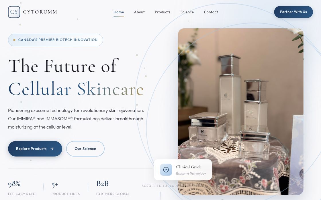 Celeco Biotech’s CYTORUMM site: “The Future of Cellular Skincare”, with product and science sections.