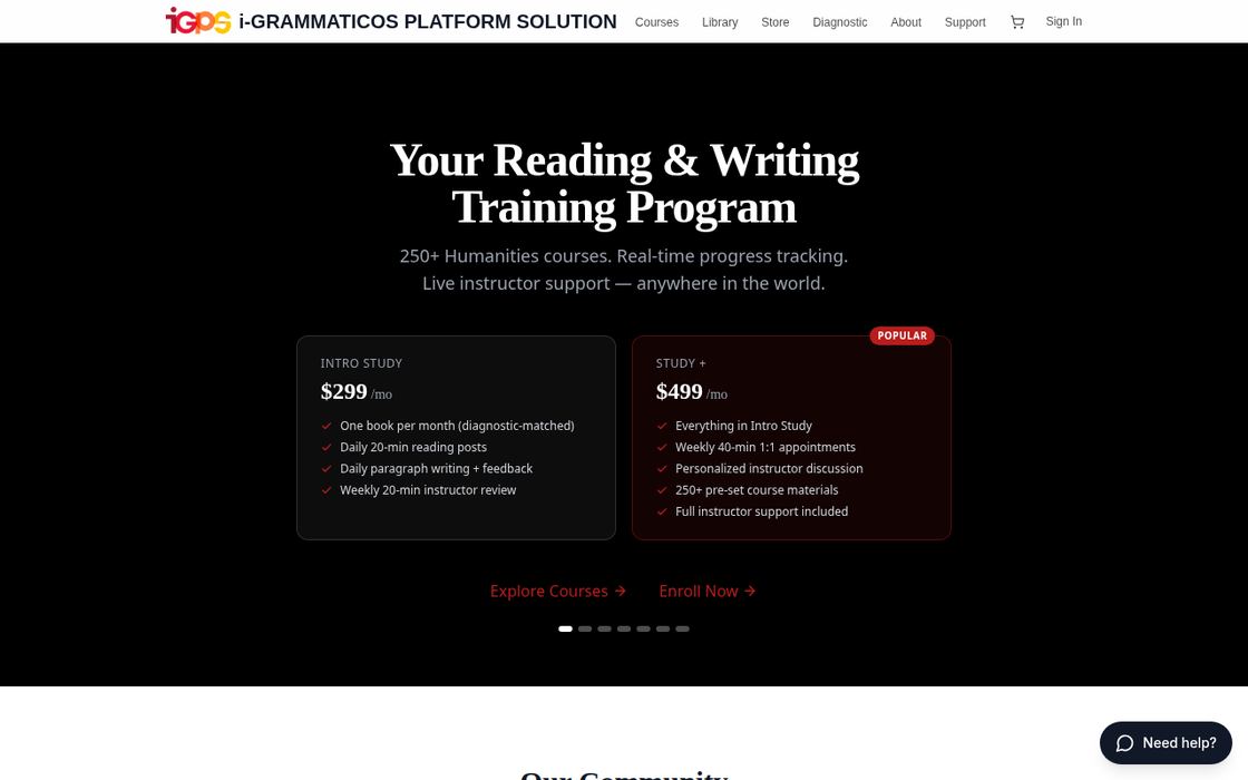i-Grammaticos Platform Solution: a reading and writing training program with course tiers and progress tracking.