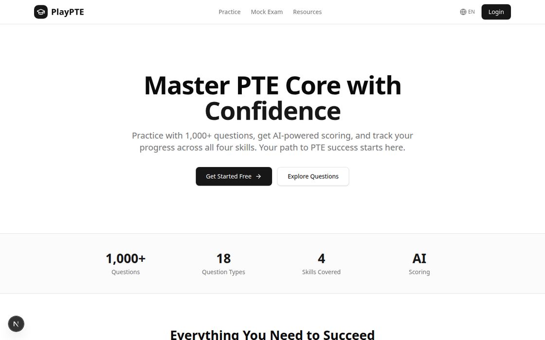 PlayPTE home page: “Master PTE Core with Confidence”, with 1,000+ questions and AI scoring.