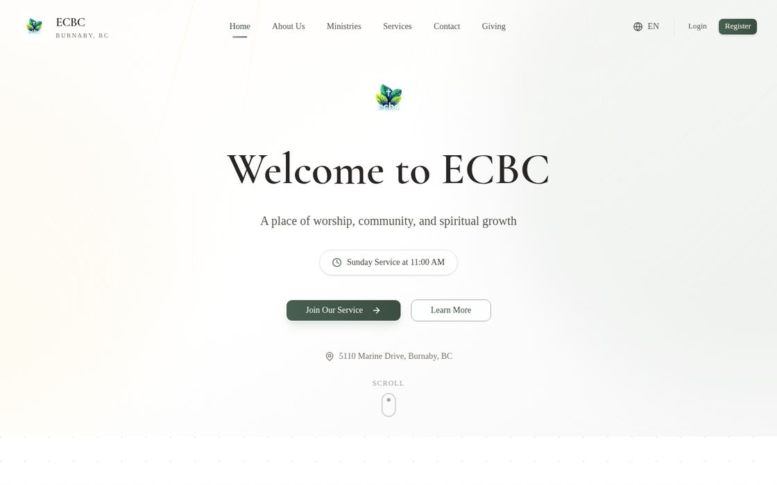 ECBC church site built on QuizMK, showing service times, ministries and giving navigation.